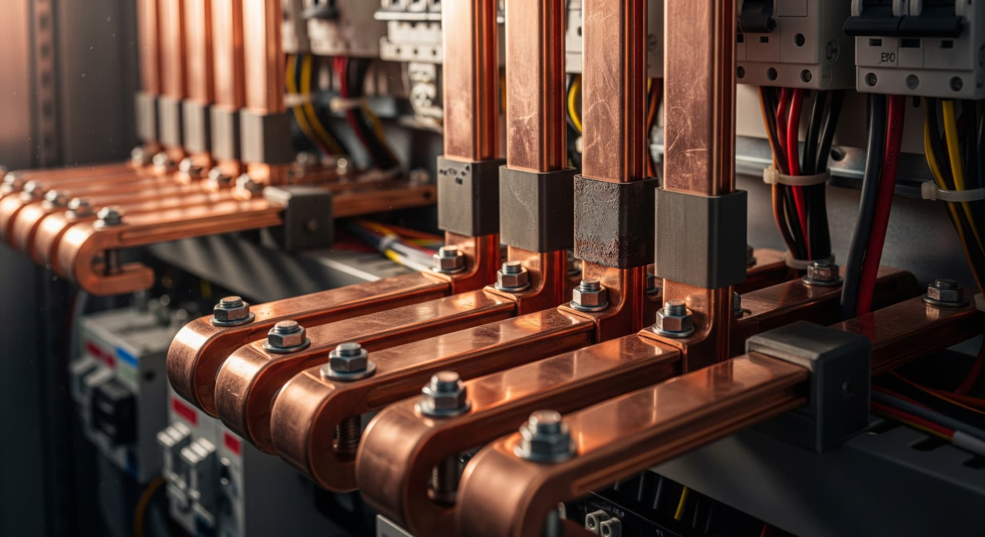 Copper busbars bolted inside an electrical distribution panel